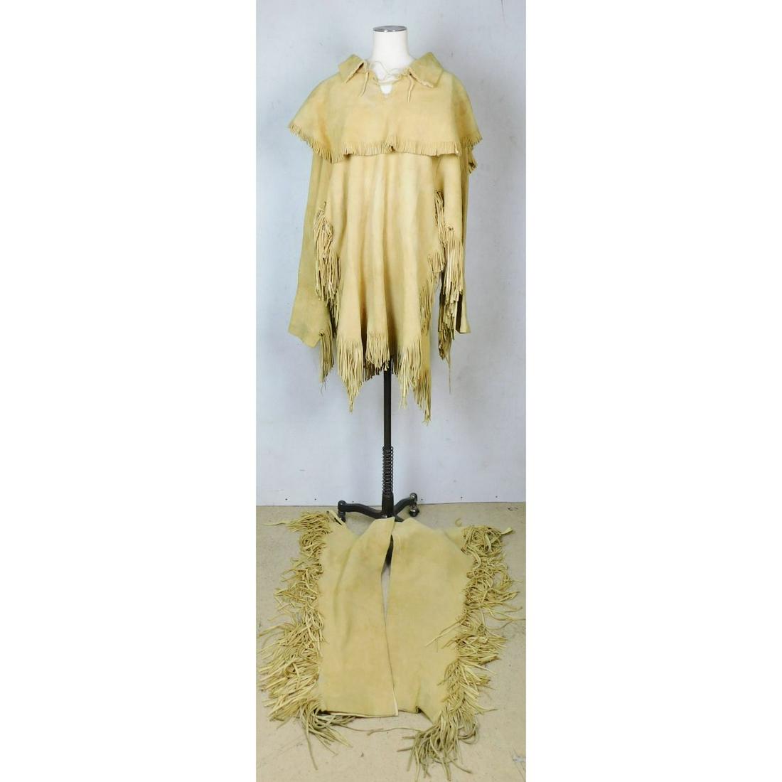 RE-INACTMENT HIDE PULLOVER JACKET AND CHAPS: A MUSEUM QUALITY HIDE JACKET AND CHAPS.