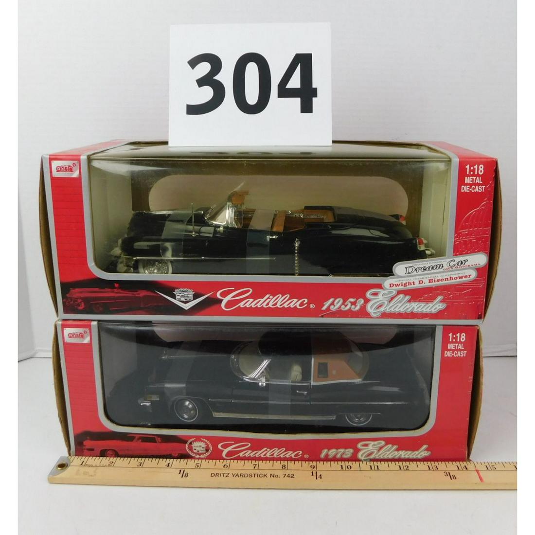 ANSON CADILLAC DIE-CAST MODEL CARS: A LOT OF TWO ANSON DIECAST ELDORADO SCALE MODEL CARS. 1853 AND 1973 ELDORADO IN ORIGINAL BOXES.