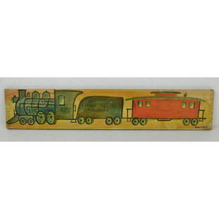 JACK SAVITSKY TRAIN PAINTING ON BOARD: A SIGNED JOHN "JACK" SAVITSKY (1910-1991) LEHIGH VALLEY RAILROAD TRAIN PAINTING ON BOARD. MEASURES 20.5" X 4".