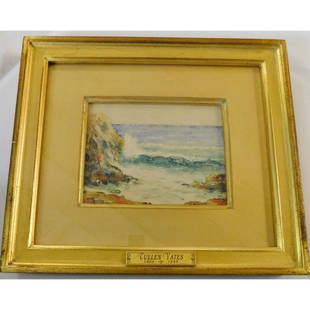 CULLEN YATES SIGNED WATERCOLOR: A CULLEN YATES (1866-1945) SIGNED WATERCOLOR ENTITLED "SEASCAPE". FRAMED AND MATTED. WAS ORIGINALLY A DONATION TO THE MONROE COUNTY HISTORICAL SOCIETY BENEFIT AUCTION. ARTWORK MEASURES 6"X 5" FRAME