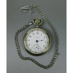 AMERICAN WALTHAM MODEL 1883 POCKETWATCH: AN AMERIAN WALTHAM MODEL 1883 7 JEWEL POCKET WATCH WITH FOB. STERLING GRADE. SILVERODE CASE WITH RED STAG DEER ENGRAVING. NOT TESTED.