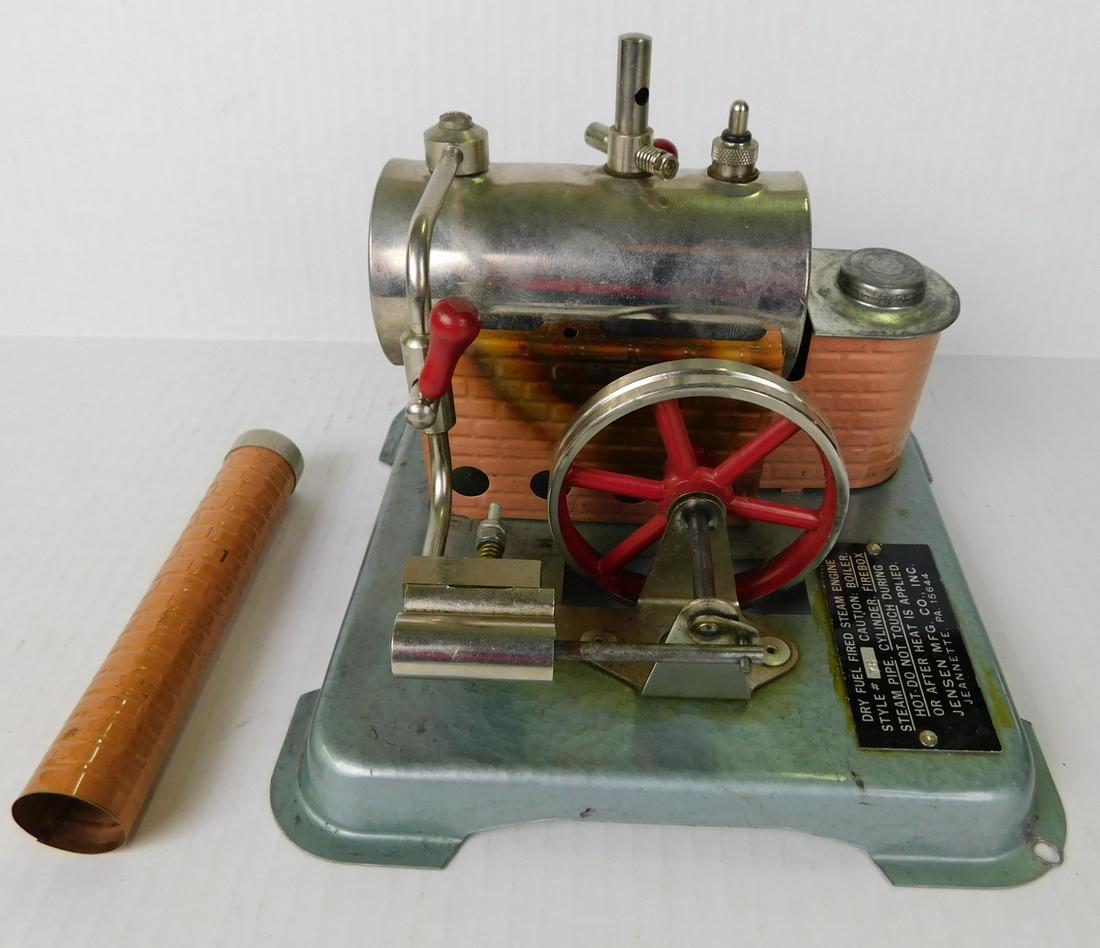 JENSEN DRY FUEL FIRED STEAM ENGINE: A JENSEN MFG. CO DRY FUEL FIRED STEAM ENGINE TYPE 76. JEANNETTE PA. MEASURES 8" X 5.5" X 6"H.