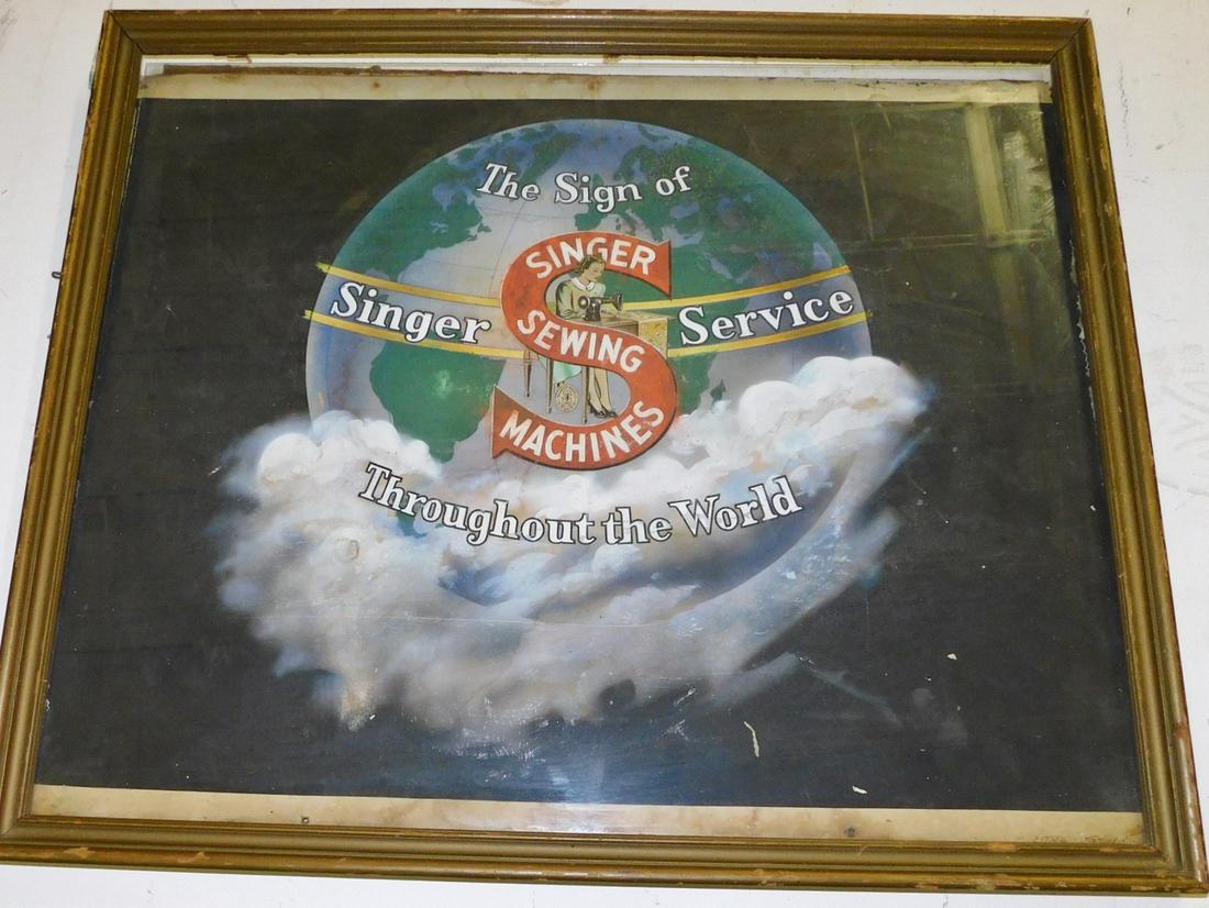 VINTAGE SINGER SEWING ADVERTISING POSTER: A VINTAGE SINGER SEWING MACHINES ADVERTISING POSTER IN FRAME. SIGN IS LOOSE IN FRAME AND WILL NEED TO BE RE ATTACHED. DATE OF 5/29/46 ON THE BOTTOM WITH THE NUMBERS E17755. MEASURES 25" X 21" WITH FRA