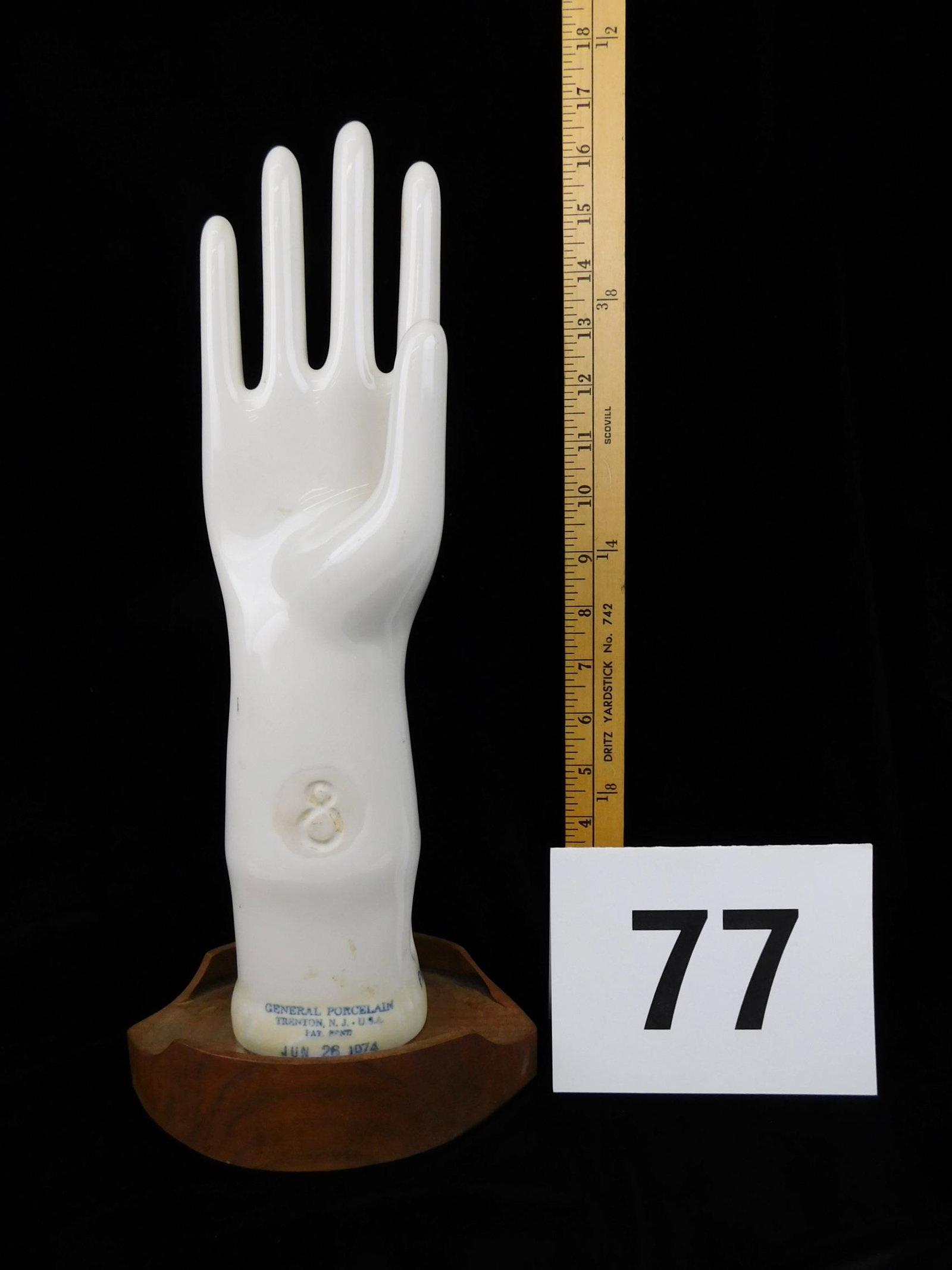 VINTAGE GENERAL PORCELAIN COMPANY GLOVE MOLD: A DATED JUNE 26 1974 GENERAL PORCELAIN COMPANY GLOVE MOLD SIZE 8. MEASURES 16"h x 7.5 at base.