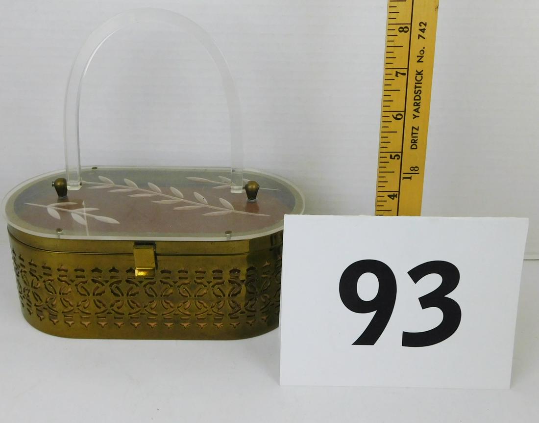 BRASS AND LUCITE CARRIER: A BRASS AND ETCHED LUCITE CARRIER. WHEAT PATTERN DECORATED LID.