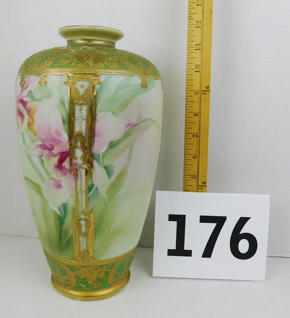 11.5" DECORATED NIPPON VASE: AN 11.5" HAND PAINTED FLORAL NIPPON VASE WITH GOLD GILT RAISED DECORATION. MEASURES 6"W.