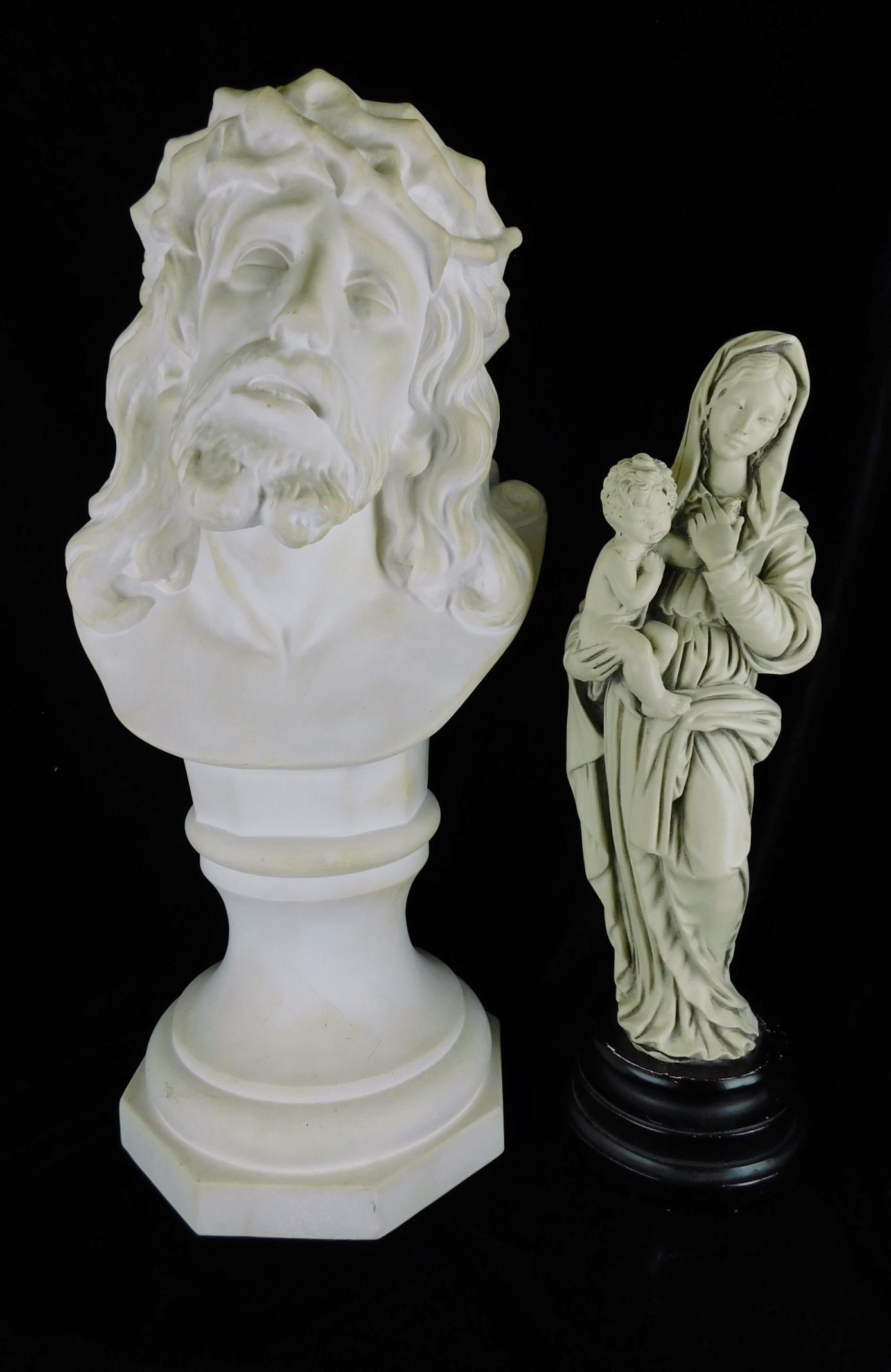 PAIR RELIGIOUS STATUES: A PAIR OF RELIGIOUS STATUES. ONE PLASTER JESUS STATUE MEASURING 19" H AND ONE HOLY MARY HOLDING JESUS INITIALED C.S.C. MEASURING 15"H. PLEASE NOTE THE MARY STATUE DOES HAVE SOME DAMAGE. MAKERS MARK IS