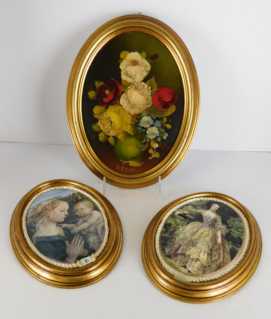 OVAL VICTORIAN ARTWORK: THREE OVAL FRAMED VICTORIAN ARTWORKS. ONE SIGNED R. ROSINI STILL LIFE AND TWO PAINTED VICTORIAN FIGURAL PLAQUES. MEASURES 2" TO 8" X 6". PLEASE NOTE THAT IT SEEMS ONE PIECE IS MISSING ON THE BOTTOM OF