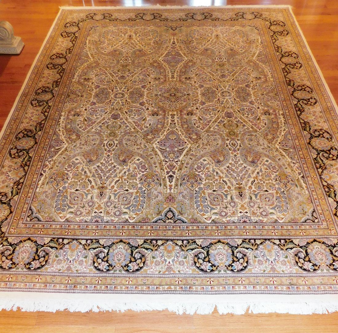 SILK AND WOOL ORIENTAL AREA RUG: A SILK AND WOOL ORIENTAL AREA RUG. MEASURES 8' X 10'3".