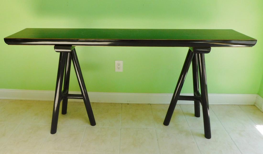BLACK LACQUERED CONSOLE TABLE: A DISTRESSED BLACK LACQUERED THREE PIECE CONSOLE TABLE. MEASURES 71"L X 14"D X 33"H.