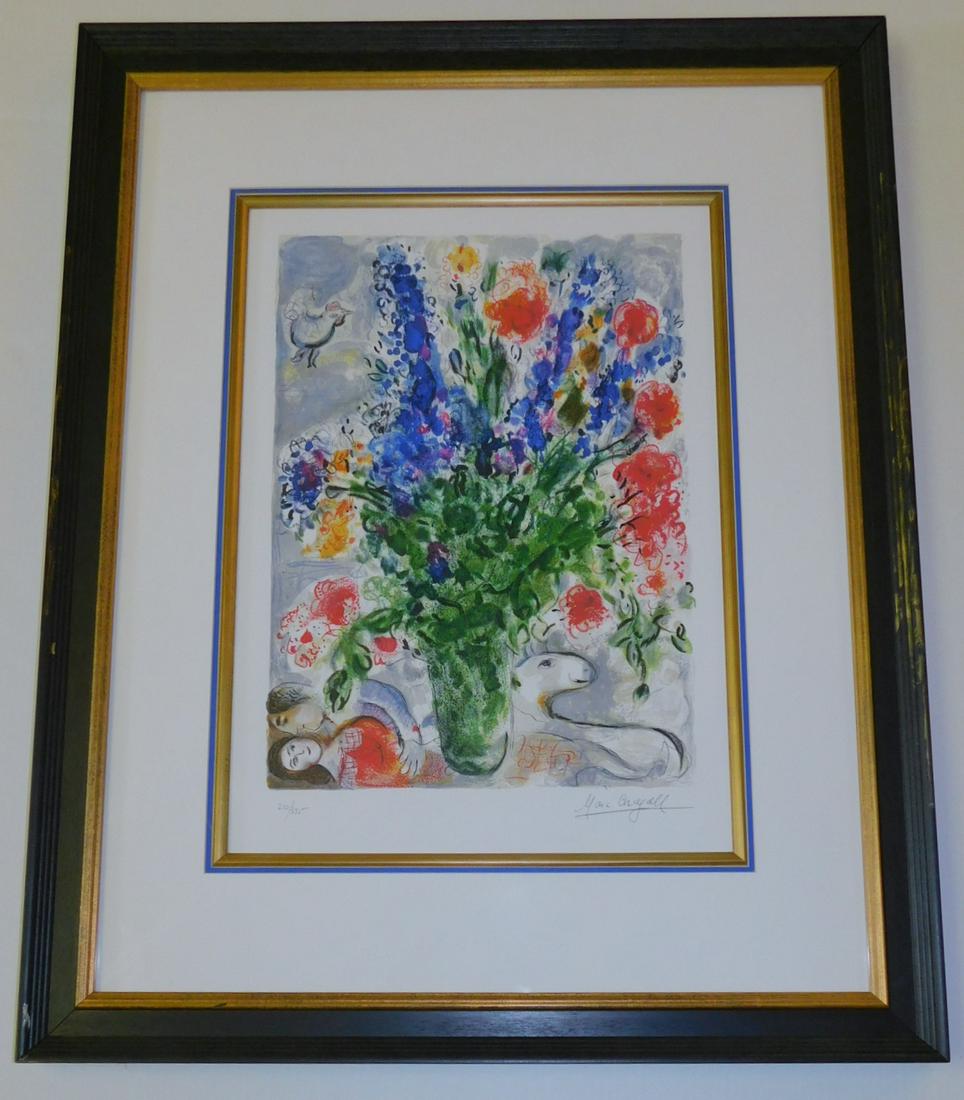 MARC CHAGALL LIMITED EDITION PRINT: A SIGNED MARC CHAGALL LIMITED EDITION COLORED PRINT. NUMBER 210/375. MEASURES 35" X 28".