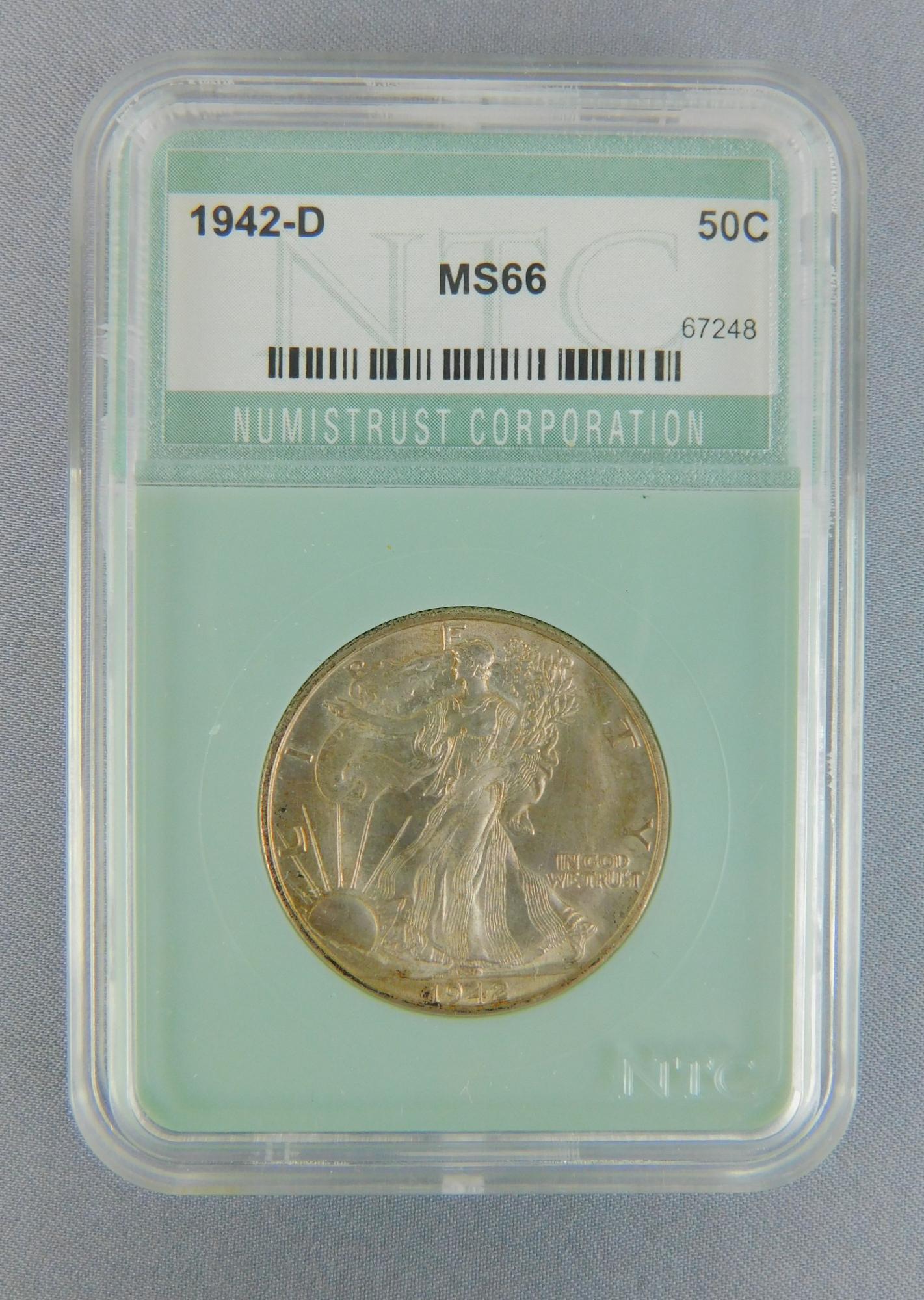 1942-D GRADED NTC MS 65 WALKING LIBERTY: 1942-D GRADED MERCURY DIME, NTC MS 65 WALKING LIBERTY SILVER HALF DOLLAR