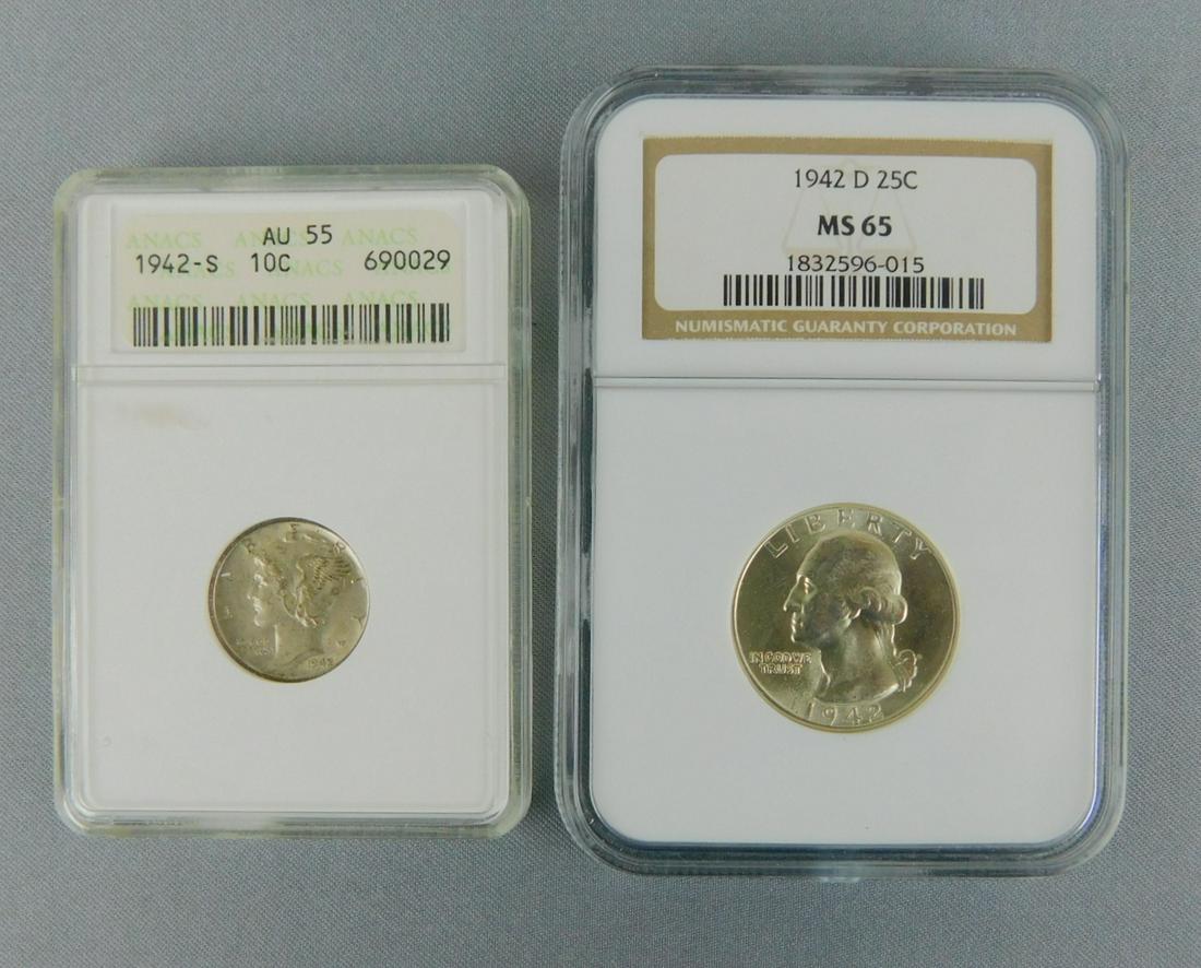 LOT OF GRADED AND SLABBED COINS: A LOT OF TWO GRADED AND SLABBED COINS. ONE 1942-D MS 65 SILVER QUARTER AND ONE 1942-S AU55 MERCURY DIME. NGC AND ANACS GRADED.