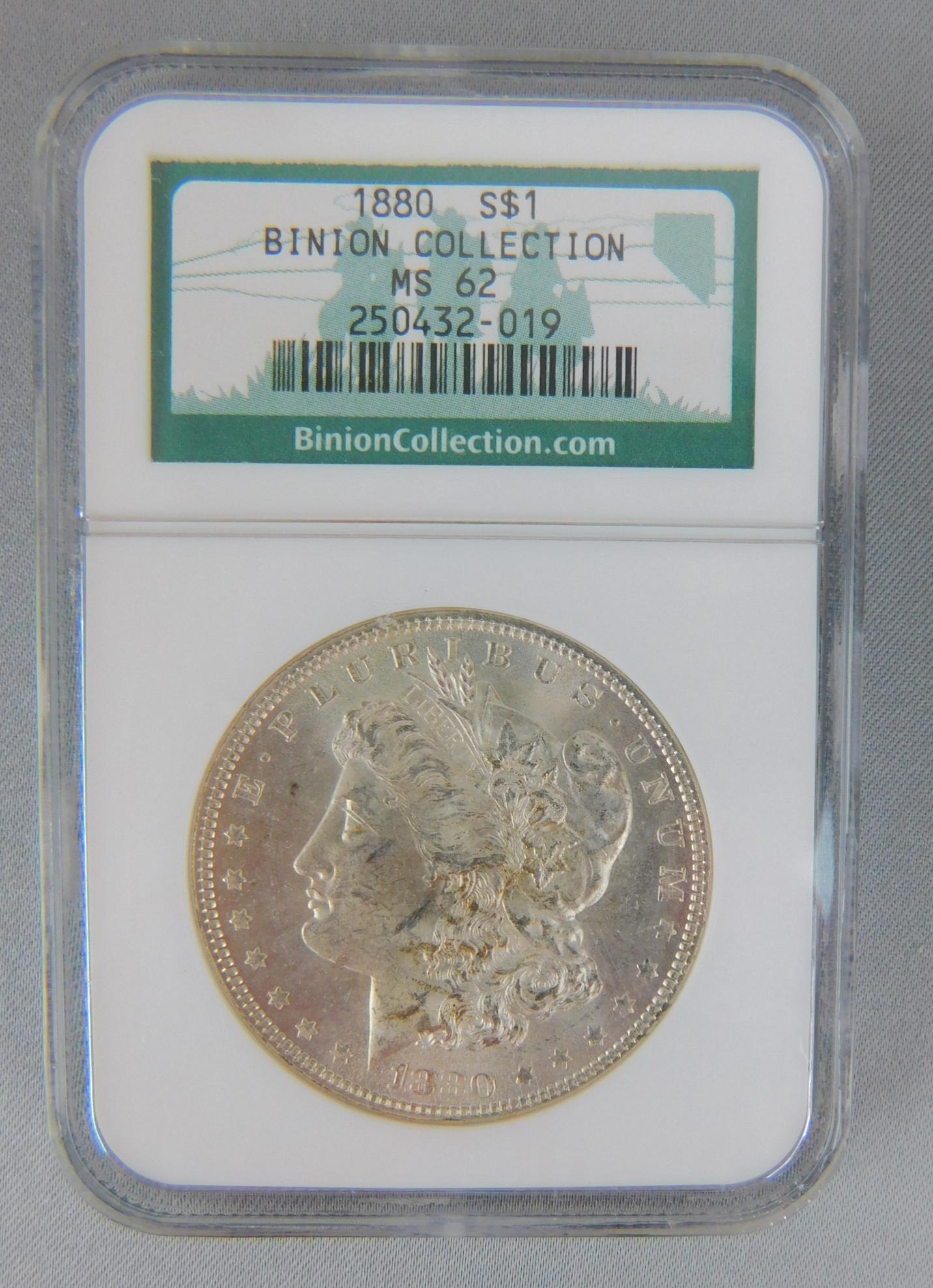 1880 BINION COLLECTION MORGAN SILVER DOLLAR: A GRADED 1880 BINION COLLECTION MS 62 MORGAN SILVER DOLLAR.