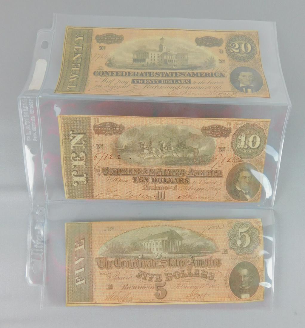 CONFEDERATE CURRENCY LOT: A LOT OF THREE CONFEDERATE CURRENCY NOTES. ONE 1864 $5 NOTE, ONE 1864 $10 NOTE, AND ONE 1864 $20 NOTE. $53 FACE VALUE