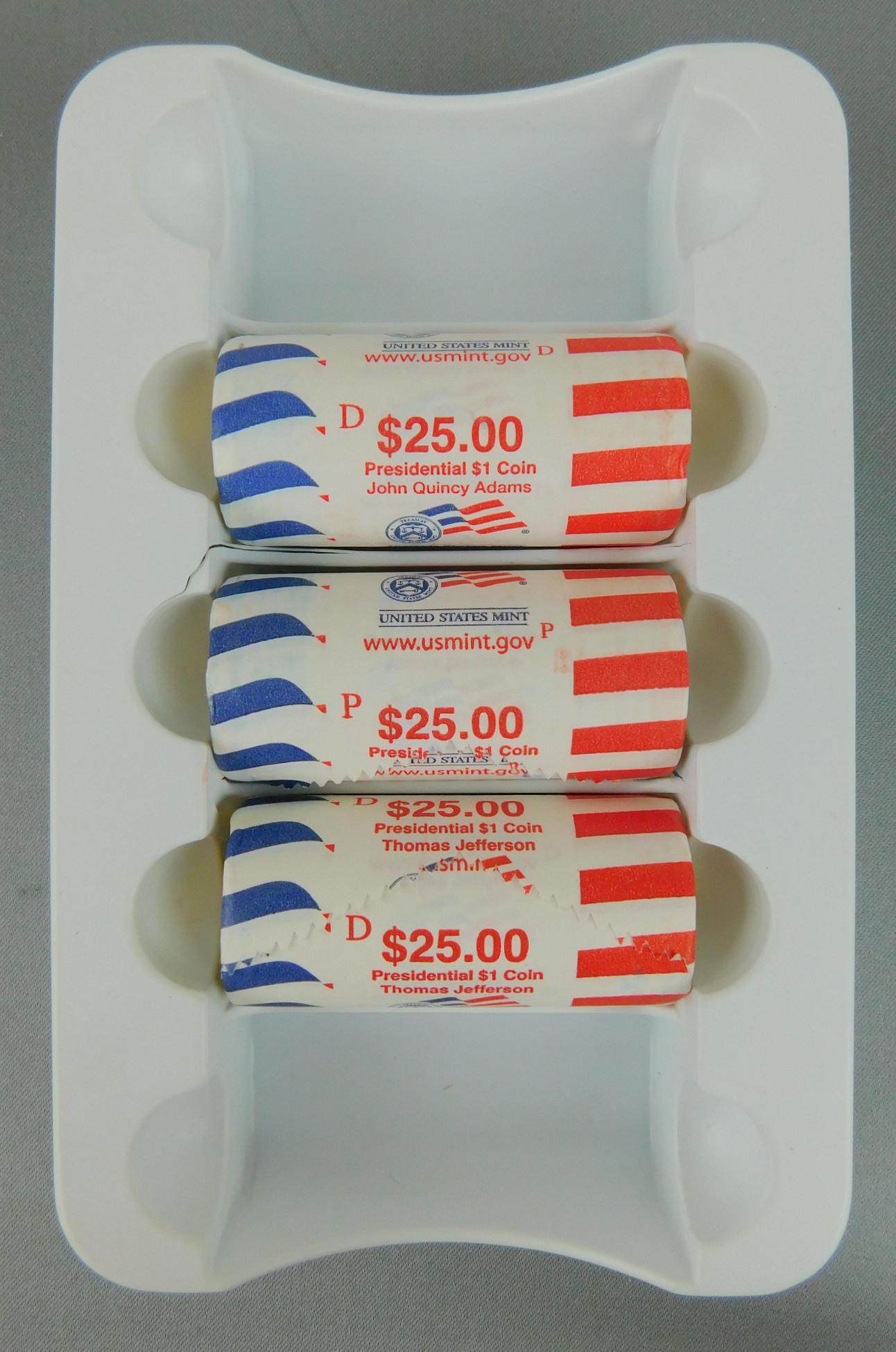 PRESIDENTIAL ROLLS $1: THOMAS JEFFERSON, JAMES MADISON AND JOHN ADAMS $1 COINS