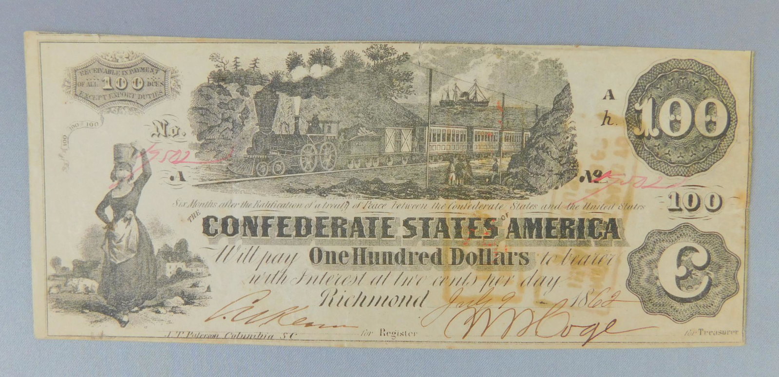 1862 $100 CONFEDERATE: 1862 $100 , THE CONFEDERATE STATES OF AMERICA. SMALL TEAR NOTED NEAR TOP CENTER