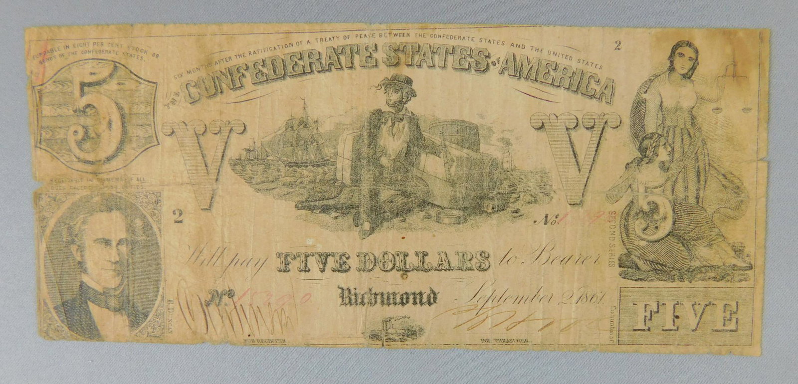 1861 $5, CONFEDERATE: 1861 $5, THE CONFEDERATE STATES OF AMERICA. PIN HOLES AND EDGE WEAR NOTED