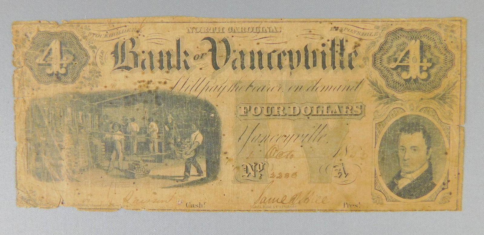 1800'S $4, YANCEYVILLE: 1800'S $4, THE BANK OF YANCEYVILLE, NORTH CAROLINA. EDGE WEAR AND EDGE TEARS.