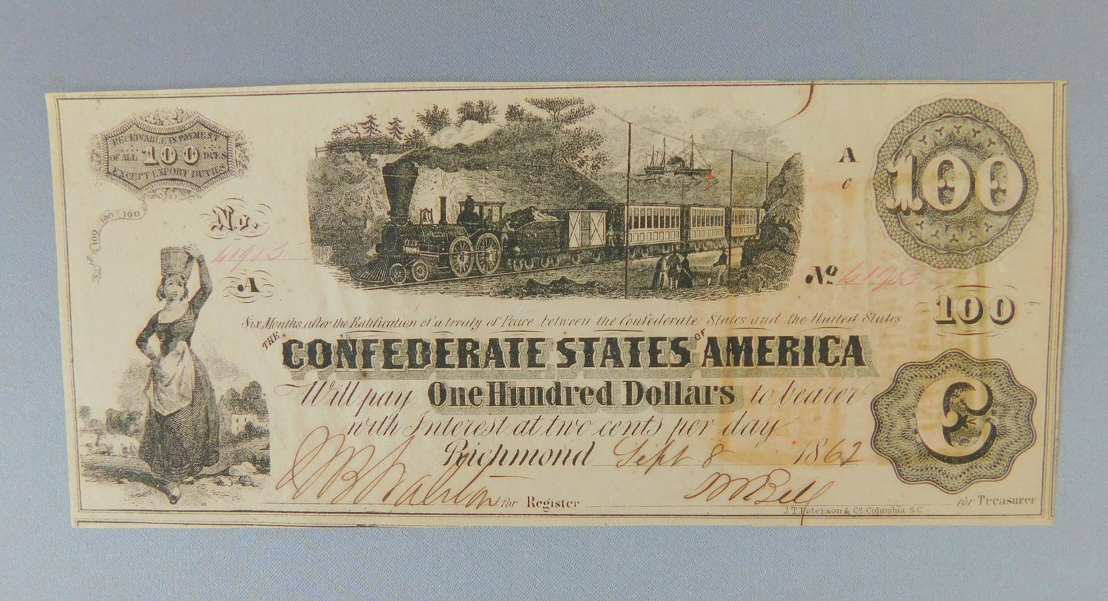 1862 $100, CONFEDERATE: 1862 $100, THE CONFEDERATE STATES OF AMERICA