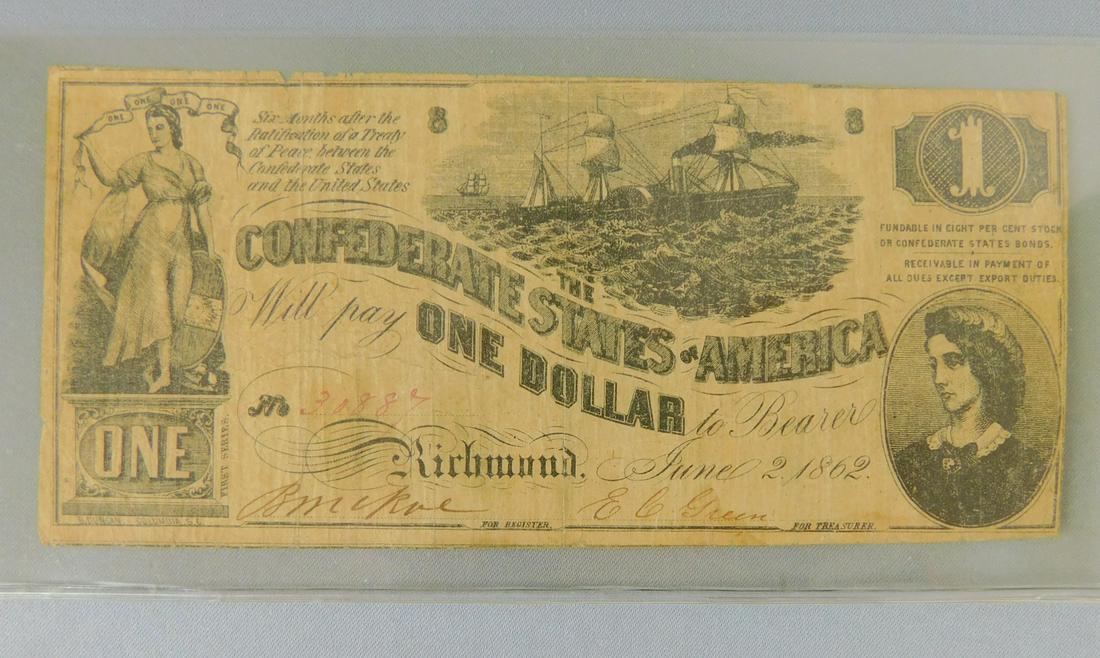 1862 $1, CONFEDERATE: 1862 $1,THE CONFEDERATE STATES OF AMERICA. FEW MINOR PIN HOLES AND EDGE TEARS