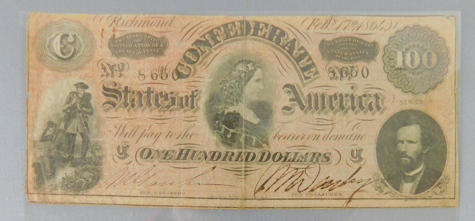 1864 $100, CONFEDERATE: 1864 $100, THE CONFEDERATE STATES OF AMERICA. SOME EDGE TEARING.