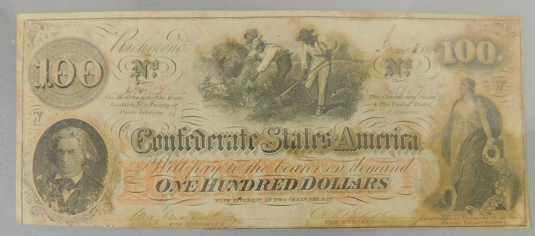 1863 $100, CONFEDERATE: 1863 $100, THE CONFEDERATE STATES OF AMERICA. NUMEROUS PIN HOLES NOTED.