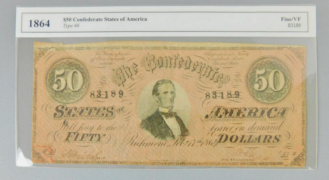 1864 $50, CONFEDERATE: 1864 $50, THE CONFEDERATE STATES OF AMERICA. TYPE 66