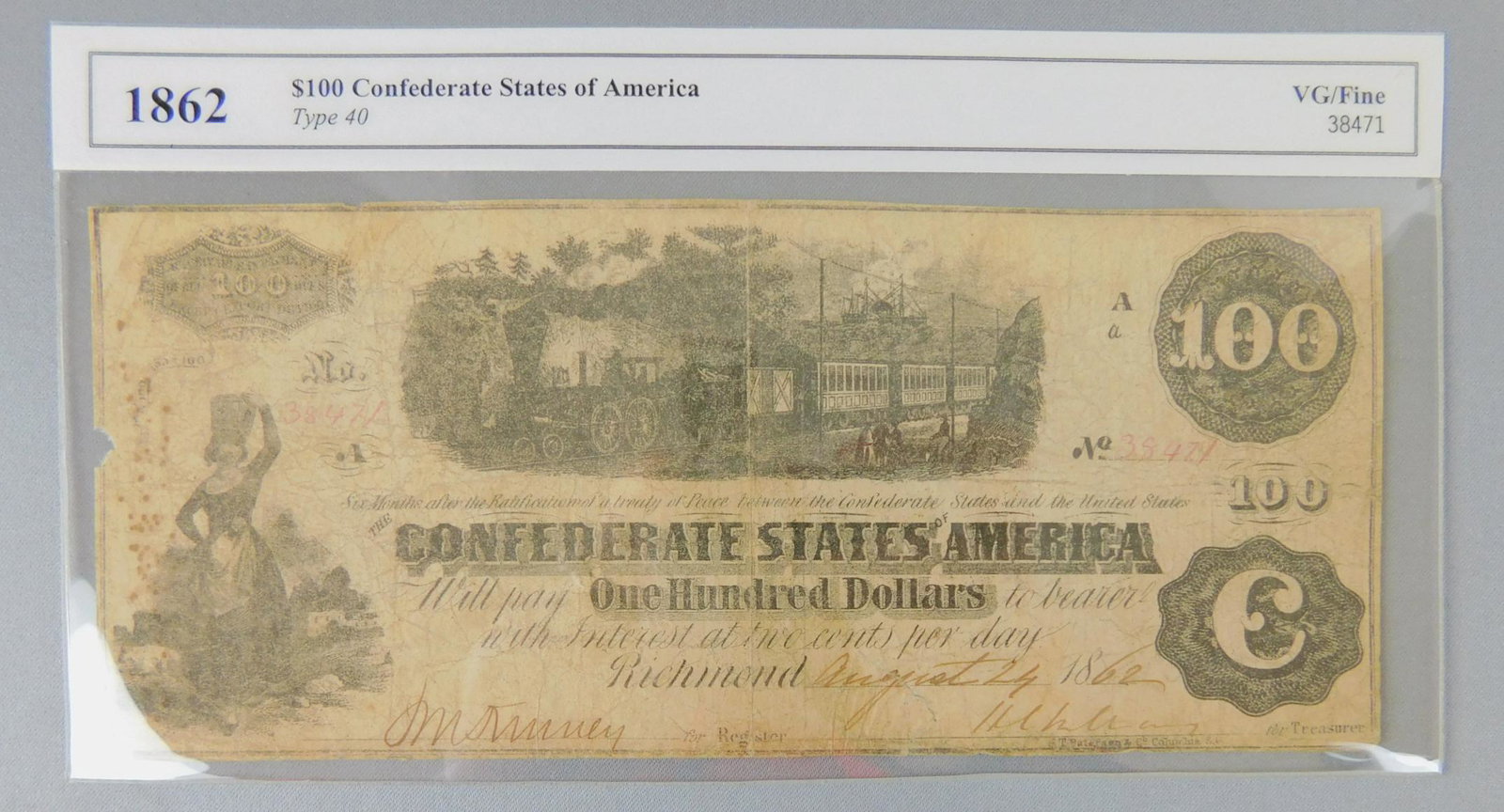 1862 $100, CONFEDERATE: 1862 $100, THE CONFEDERATE STATES OF AMERICA. TYPE 40. PIN HOLES AND EDGE LOSS NOTED.
