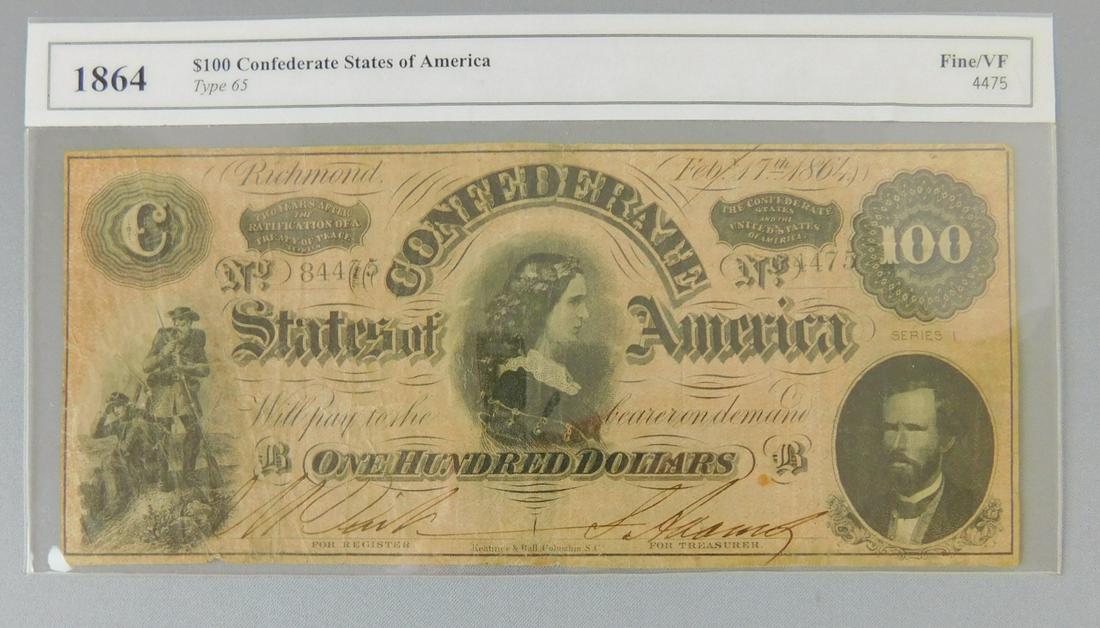 1864 $100 CONFEDERATE: 1864 $100, THE CONFEDERATE STATES OF AMERICA. PIN HOLES NOTED ON LEFT BY SOLDIERS. TYPE 65