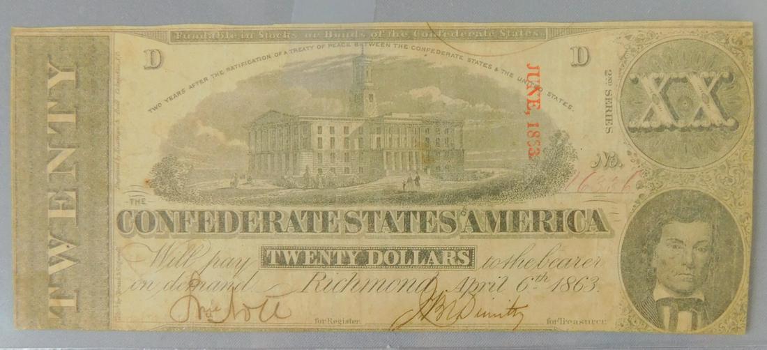 1863 $20, CONFEDERATE: 1863 $20, THE CONFEDERATE STATES OF AMERICA. PIN HOLES NOTED.