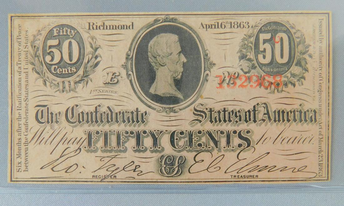 1863 50CENTS, CONFEDERATE: 1863 50CENTS, THE CONFEDERATE STATES OF AMERICA. FEW PIN HOLES NOTED.