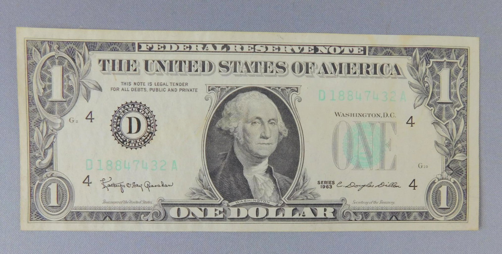 1963 DOLLAR ERROR NOTE: 1963 DOLLAR ERROR NOTE, LIGHT SERIAL NUMBERS AND BLANK ON REVERSE SIDE