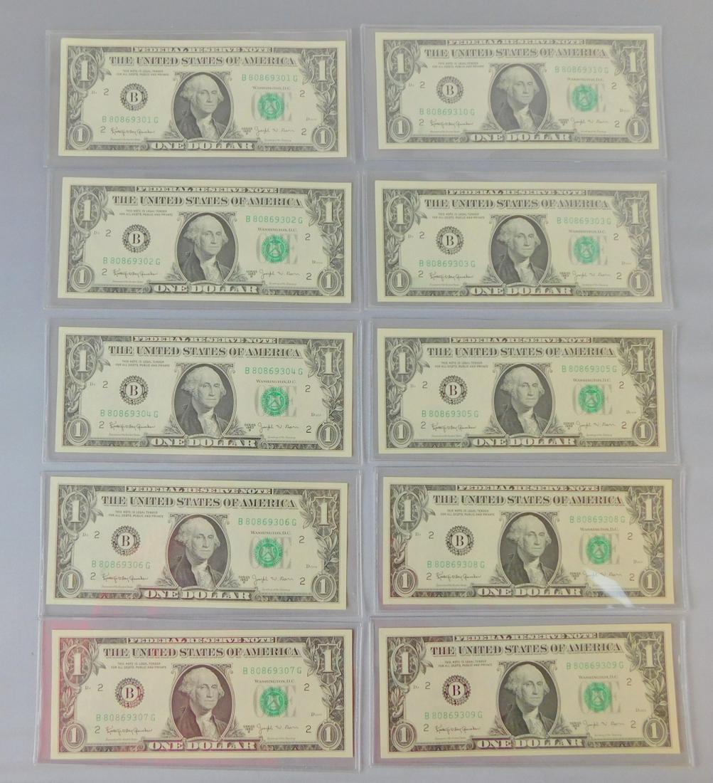 1963B DOLLAR BARR NOTES: 1963B 10 CONSECUTIVE DOLLAR BARR NOTES