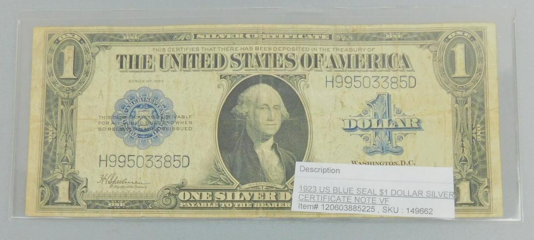 1923 DOLLAR BLUE SEAL SILVER CERTIFICATE: 1923 US BLUE SEAL DOLLAR SILVER CERTIFICATE NOTE
