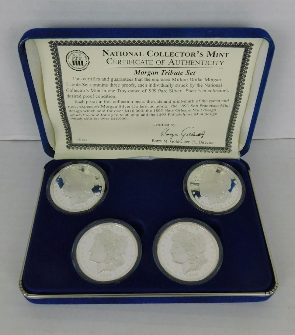 MORGAN TRIBUTE SET: 1893-SAN FRANCISCO MINT; 1893-NEW ORLEANS MINT; 1895- PHILADELPHIA MINT; 1895 MORGAN DOLLAR SILVER ROUNDS