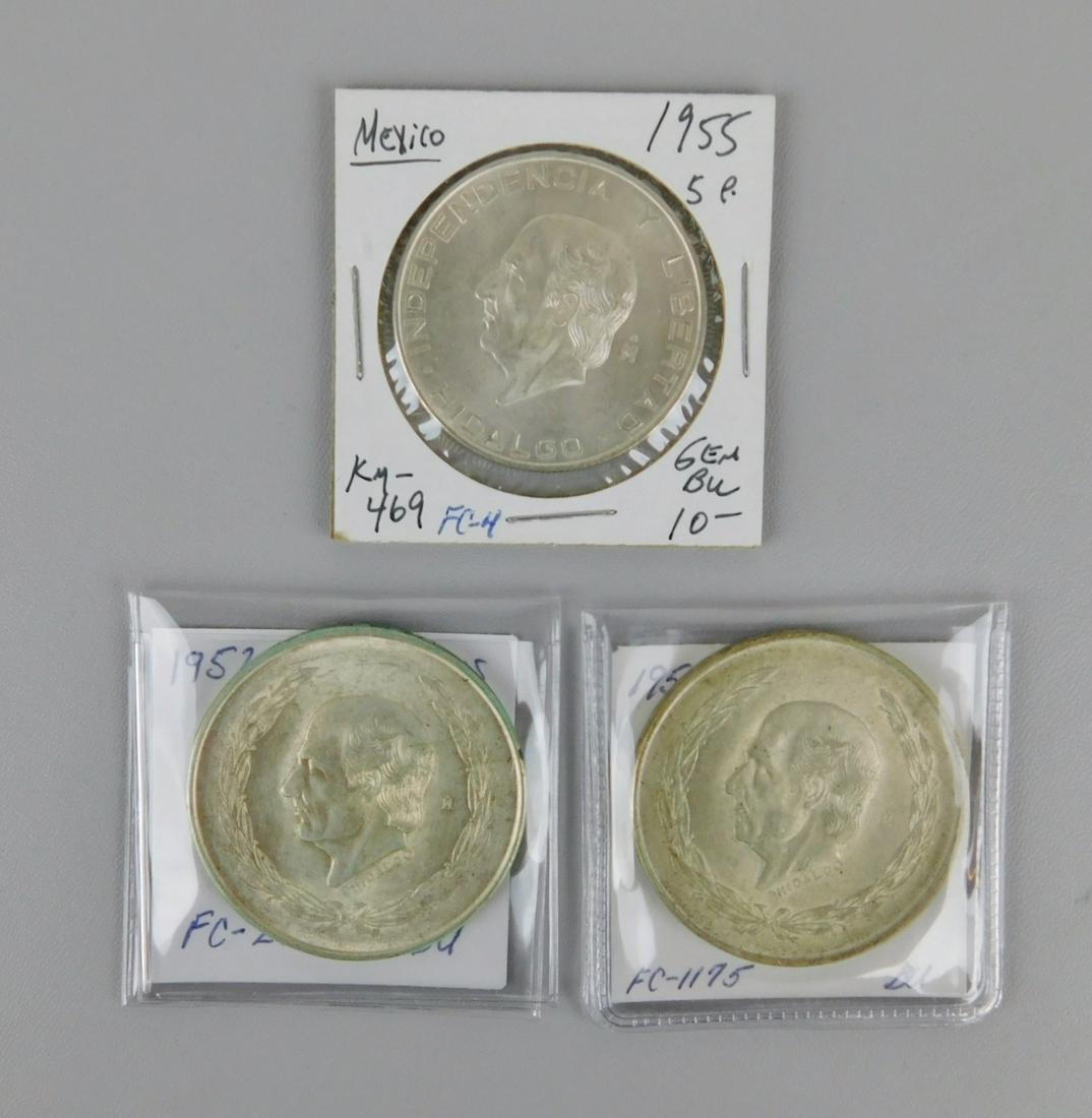 MEXICO 5 PESO SILVER COINS: 1952; 1953; & 1955 MEXICO CINCO PESOS