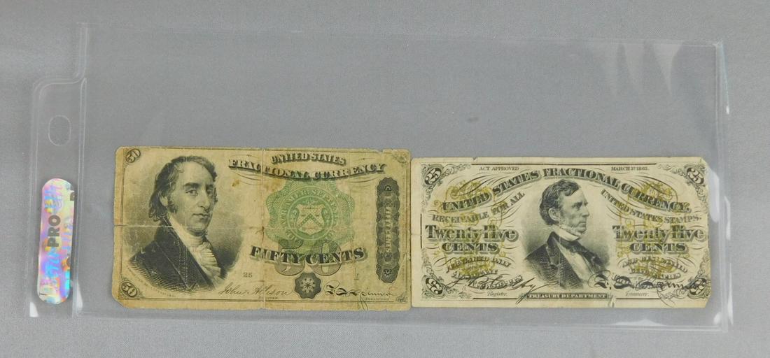 FRACTIONAL CURRENCY: 3RD ISSUE FRACTIONAL CURRENCY ;25 CENT, 1863, WILLIAM PITT FUSSENDEN-SERVED AS HOUSE OF REP. & SENATOR FROM MAINE, SECRETARY OF TREASURE 1864; 4TH ISSUE 1863, 50 CENT, SAMUEL DEXTER, SECRETARY OF TREA
