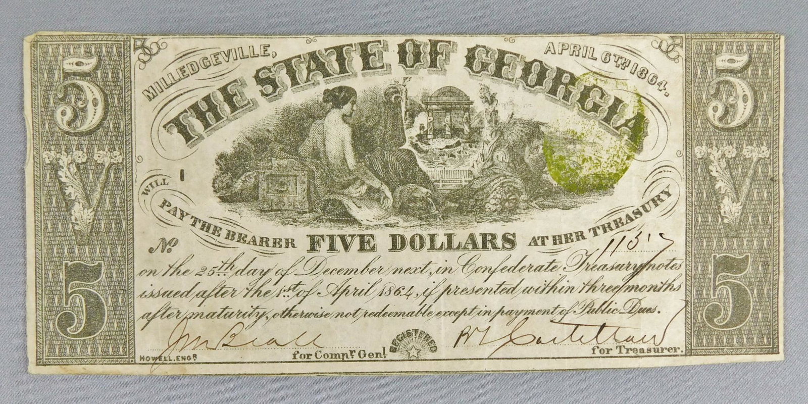 CONFEDERATE NOTE: 1864 $5 NOTE, THE STATE OF GEORGIA, MILLEDGEVILLE