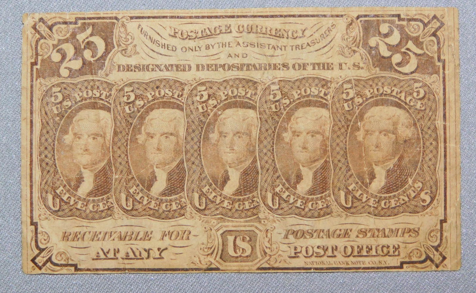 FRACTIONAL CURRENCY: 1862 25 CENT, 1ST ISSUE,THOMAS JEFFERSON