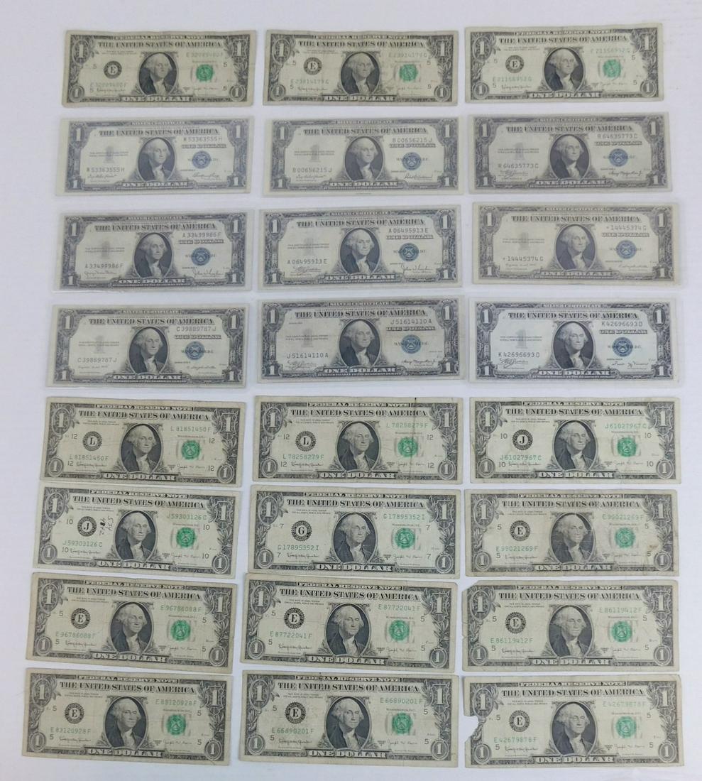 BARR NOTES AND SILVER CERTIFICATES: 15 COUNT $1 BARR NOTES & 9 COUNT $1 SILVER CERTIFICATES