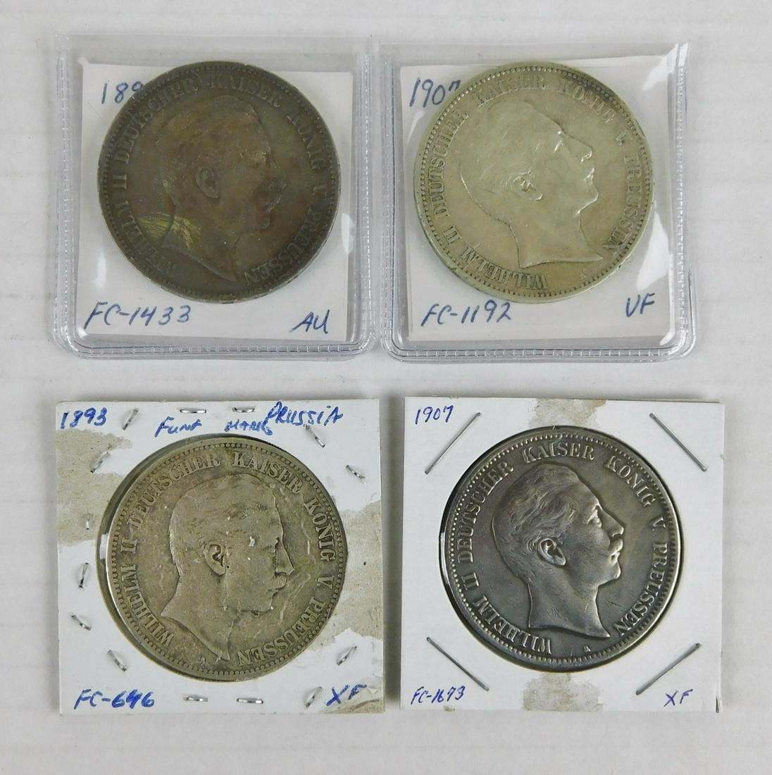 1893, 1899, (2) 1907 FUNF MARKS: (4 COUNT) GERMAN/PRUSSIAN FUNF MARKS, SILVER COINS