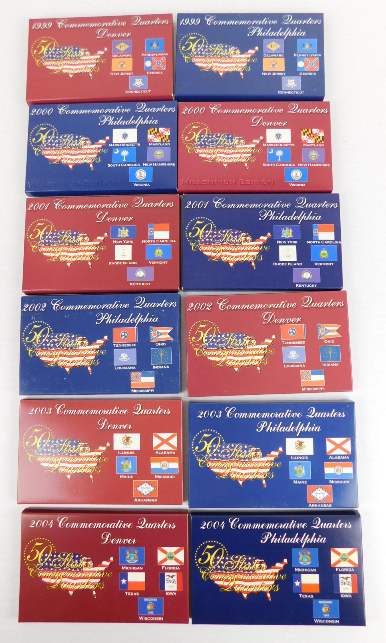6 COUNT COMMEMORATIVE QUARTER SETS: 1999, 2000, 2001, 2002 & 2003 DENVER QUARTER SETS & 2004 PHILADELPIA QUARTER SET