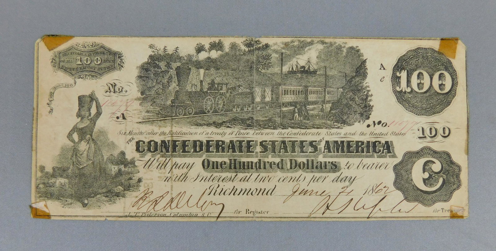 1862 $100 CONFEDERATE NOTE: 1862 $100 CONFEDERATE NOTE, RICHMOND, VA.,
