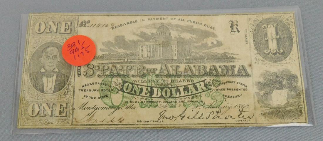 1863 $1 CONFEDERATE NOTE: 1863 $1 CONFEDERATE NOTE, MONTGOMERY, ALABAMA