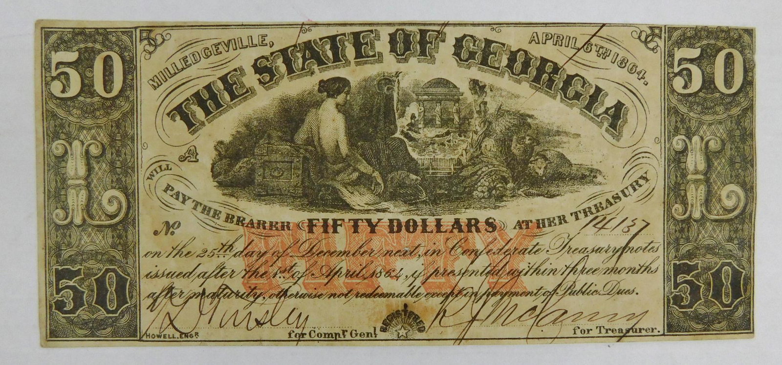 1864 $50 CONFEDERATE NOTE: 1864 $50 CONFEDERATENOTE, THE STATE OF GEORGIA, MILLEDGEVILLE, GEORGIA