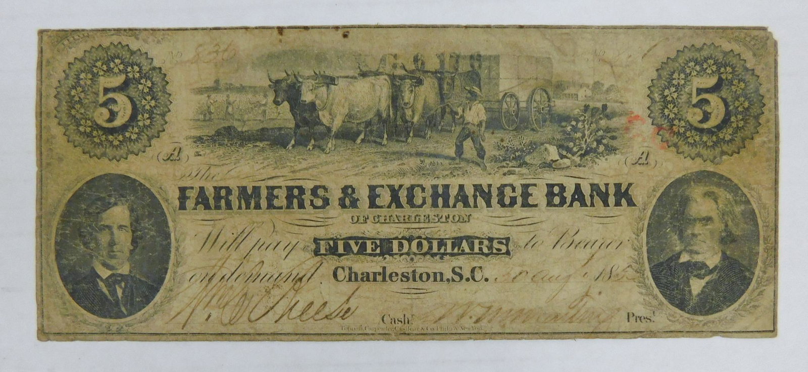 1863 $5 CONFEDERATE NOTE: 1863 $5 CONFEDERATE NOTE, THE FARMERS & EXCHANGE BANK, CHARLESTON, SC