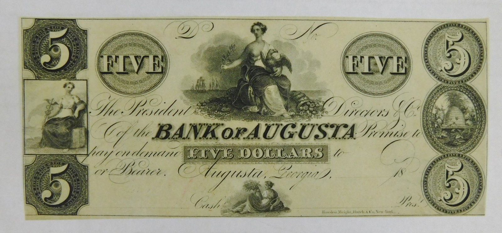 1850'S $5 CONFEDERATE NOTE: 1850'S $5 CONFEDERATE NOTE, THE BANK OF AUGUSTA, AUGUSTA, GEORGIA; CRISP UNCIRCULATED