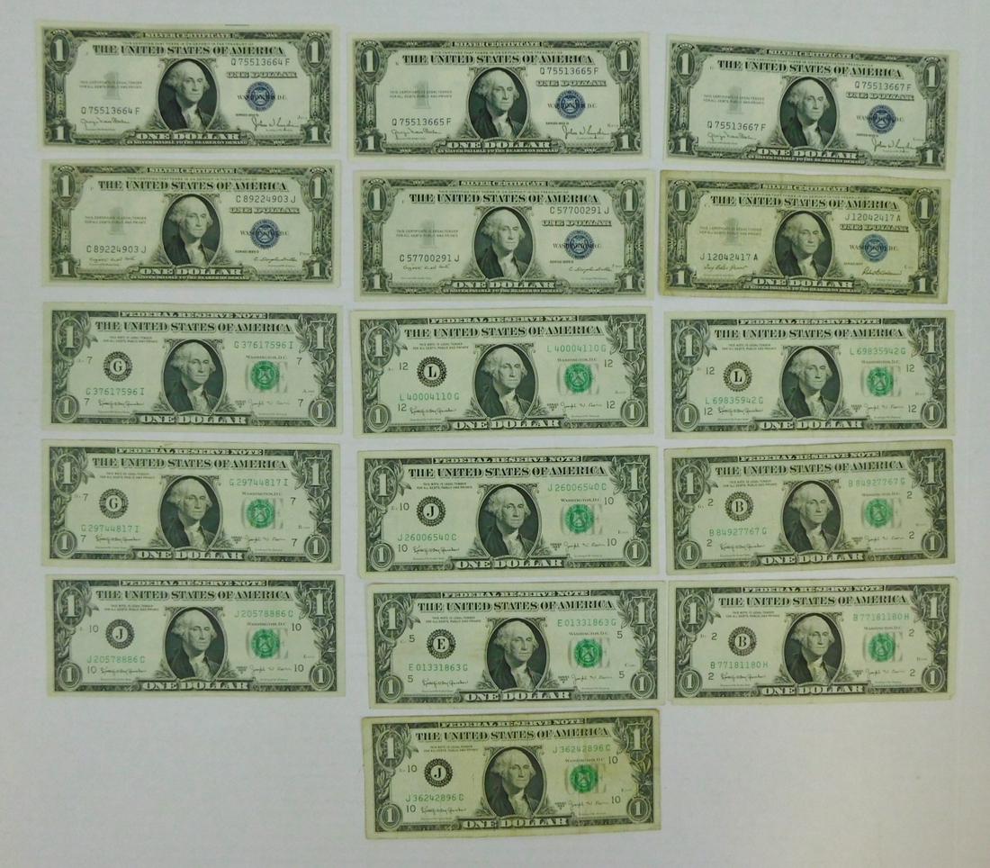 BARR NOTES AND SILVER CERTIFICATES: 10 COUNT $1 BARR NOTES & 6 COUNT $1 SILVER CERTIFICATES, SOME CRISP UNCIRCULATED AND SEQUENTIAL