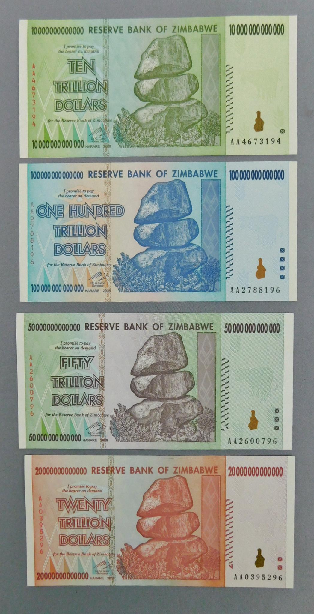 180 TRILLION DOLLARS ZIMBABWE: 2008 4 NOTES, 100-50-20 & 10 TRILLION, RESERVE BANK OF ZIMBABWE